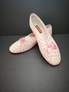 Tender Tootsies Buella Ladies Size 9 White with Pink Floral Slip On Slippers